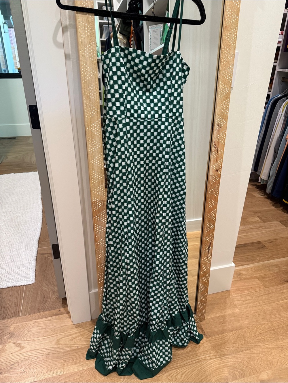 Green & White Checkerboard Grid Ruffle Hem Maxi Dress Size S